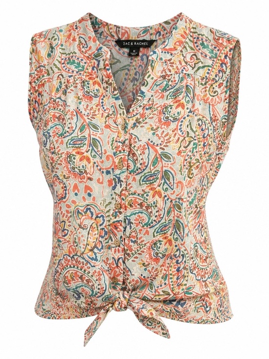 Zac & Rachel Tops - Zac & Rachel Coral and Teal Paisley Knot-Front Sleeveless Top